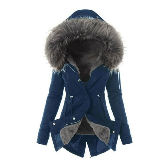IROINNID Women's Mid-Long Hoodie Parka Coat Solid Color Long Sleeve Ladies Lining Coat Winter Warm Thick Long Jacket Overcoat, Navy