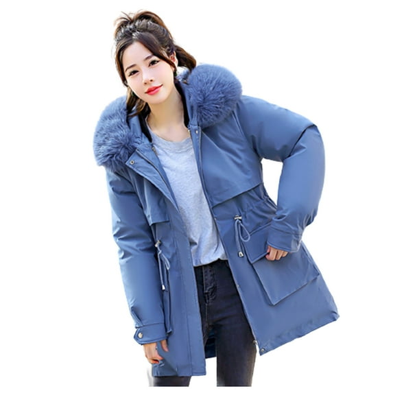 IROINNID Women's Mid-Long Hoodie Puffer Coat Solid Color Long Sleeve Winter Jacket Warm Overcoat Slim Zipper Thicker Coat Outwear, Blue