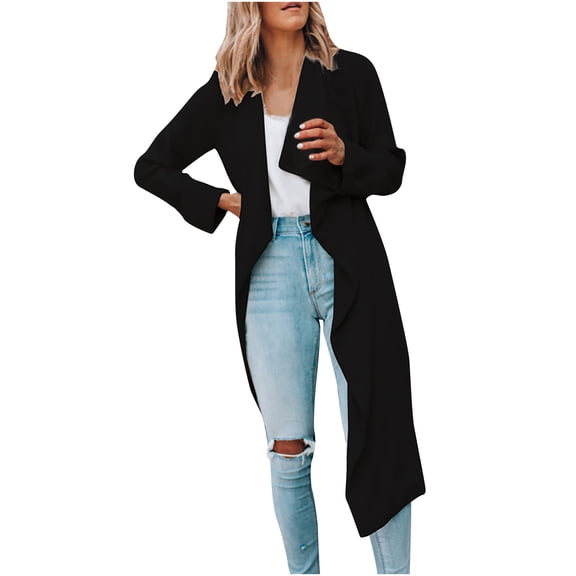 IROINNID Women's Mid-Long Open Front Coat Solid Color Long Sleeve Long Casual Trench Coat Hoodless Casual Outwear, Black