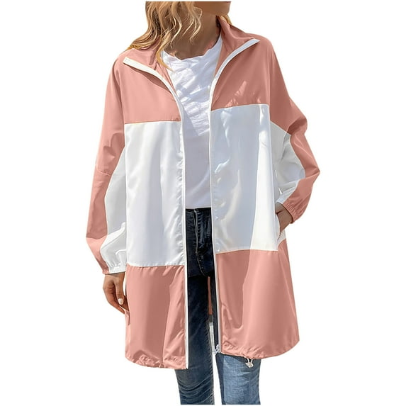 IROINNID Women's Mid-Long Overcoat Contrast Color Long Sleeve Color Blocking Waterproof Outdoor Sports Casual Jacket, Pink