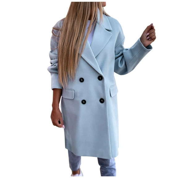 IROINNID Women's Mid-Long Trench coat Coat Notch Lapel Solid Color Long Sleeve Casual Warm Coat Cardigan Winter Outerwear, Blue