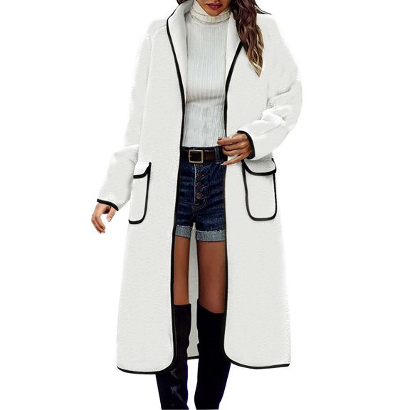 IROINNID Women's Mid-Long Trench coat Coat Solid Color Long Sleeve Loose Warm Coat Cardigan Winter Outerwear, White