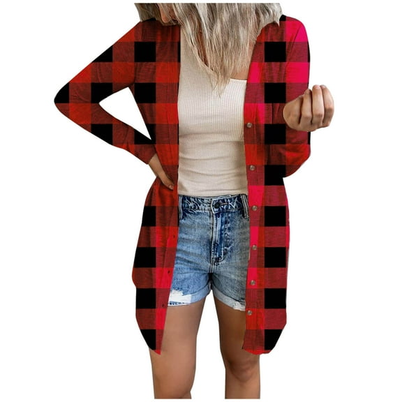 IROINNID Women's Mid-Long Woolen Coat Plaid Long Sleeve Comfy Casual Pockets Tops Jacket Plaid Coat, Red