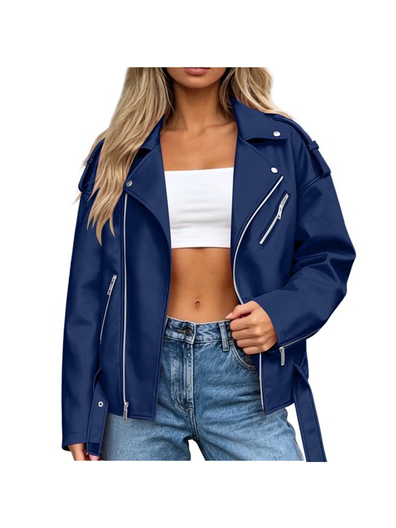 Women's Moto Biker Jacket Zip Up Long Sleeve Outerwear with Belt Pockets for Fall Winter Work Travel Street Casual Style