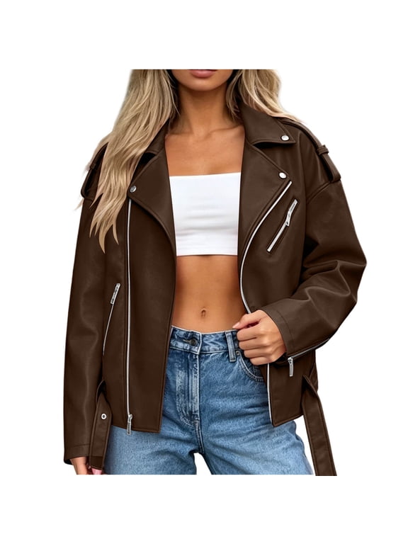 Women's Moto Biker Jacket Zip Up Long Sleeve Outerwear with Belt Pockets for Fall Winter Work Travel Street Casual Style