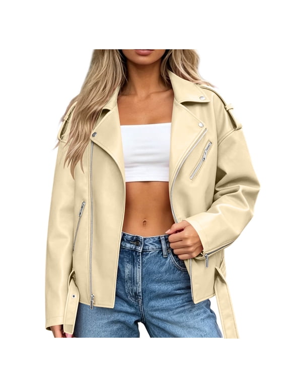 Women's Moto Biker Jacket Zip Up Long Sleeve Outerwear with Belt Pockets for Fall Winter Work Travel Street Casual Style