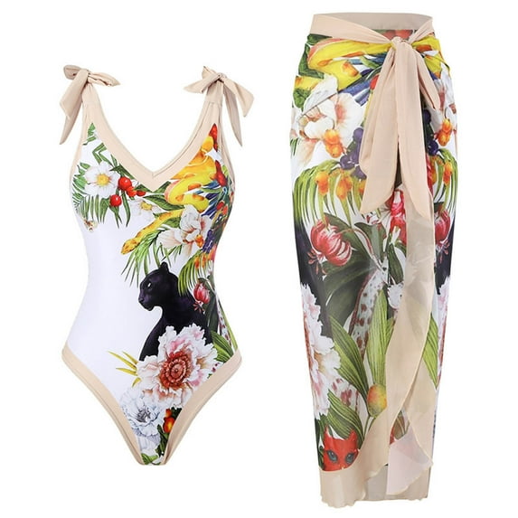 IROINNID Women's One-piece Swimsuit One Shoulder Strap Swimwear With Wrap Long Skirt Print Two-piece Set