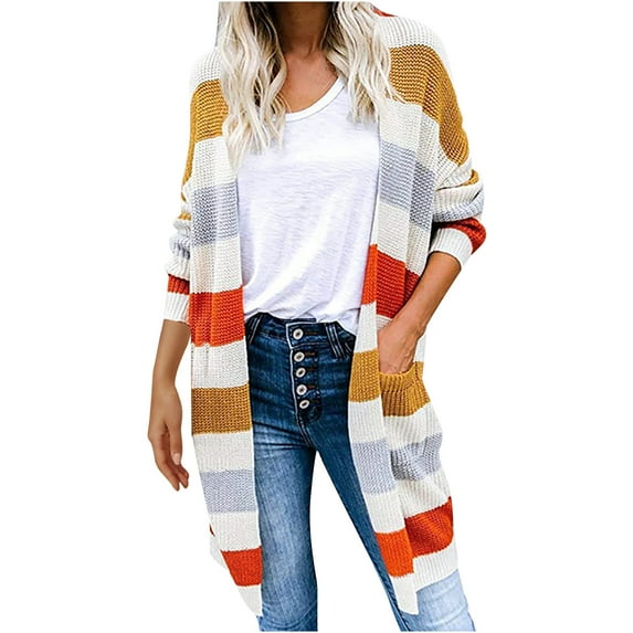 IROINNID Women's Open Front Coat Long Sleeve Stripes Cardigan Outwear, Comfy Knit Open Front Cardigan Coat Sweater Matching with Pockets
