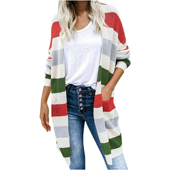 IROINNID Women's Open Front Coat Long Sleeve Stripes Cardigan Outwear, Comfy Knit Open Front Cardigan Coat Sweater Matching with Pockets