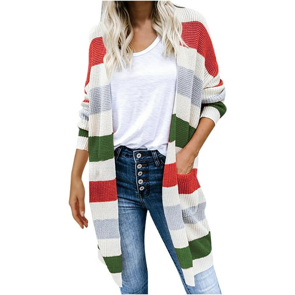 IROINNID Women's Open Front Coat Long Sleeve Stripes Cardigan Outwear, Comfy Knit Open Front Cardigan Coat Sweater Matching with Pockets