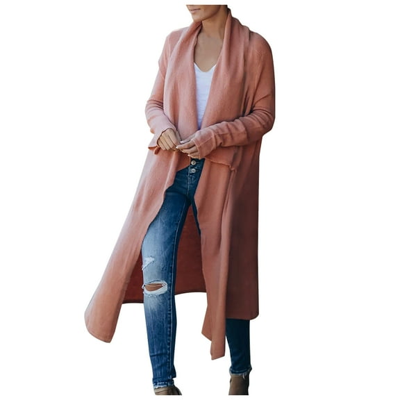 IROINNID Women's Open Front Coat Solid Color Long Sleeve Leisure Casual Cardigan Sweater Coat With Pockets, Pink