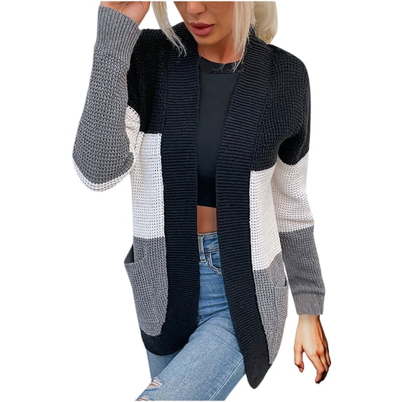 IROINNID Women's Open Front Jacket Long Sleeve Contrast Color Cardigan Outwear, Casual Color Matching Long Cardigan Blouse Jacket