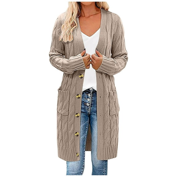 IROINNID Women's Open Front Jacket Long Sleeve Solid Color Cardigan Outwear, Leisure Cable Knit Long Cardigan Open Front Button Sweater Outerwear