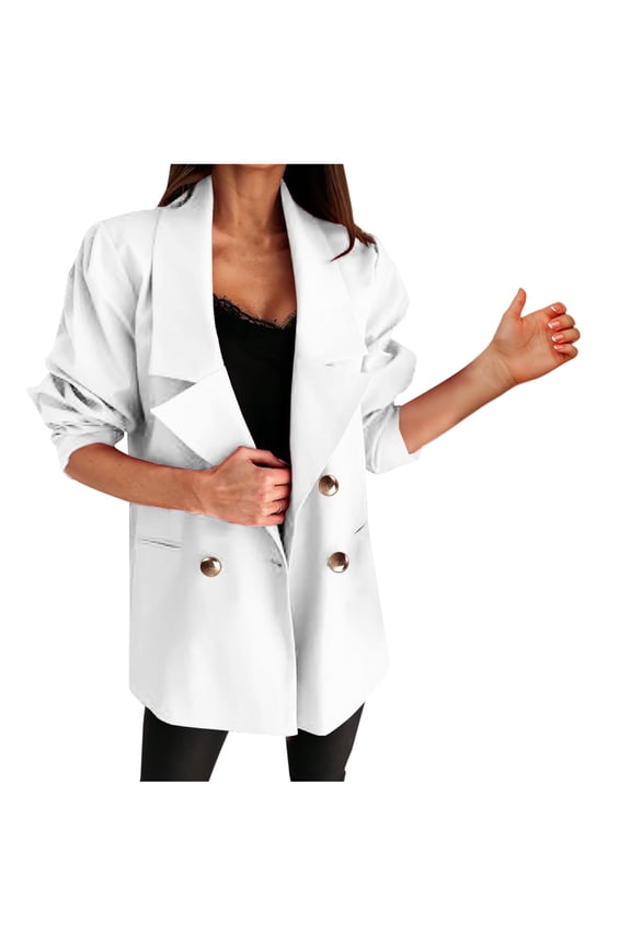 Women's Open Front Jacket Notch Lapel Solid Color Long Sleeve Leisure Casual Buttons Loose Hoodless Outerwear Tops, White