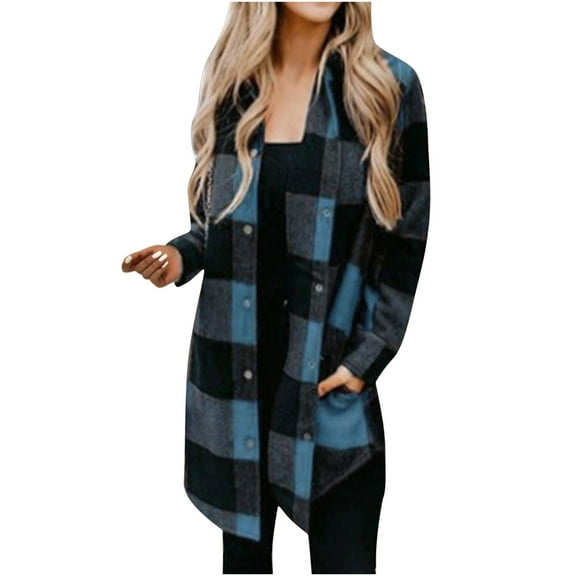 IROINNID Women's Overcoat Long Sleeve Plaid Turndown Lapel Outwear, Casual Autumn and Winter Plaid Shirt Medium Coat Pocket Plaid Shirt