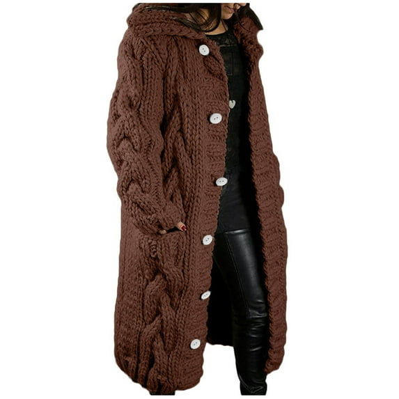 IROINNID Women's Overcoat Long Sleeve Solid Color Hoodie Outwear, Comfy Cable Knit Long Cardigan Open Front Button Sweater Outerwear