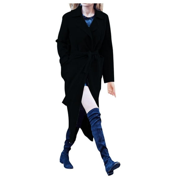 IROINNID Women's Overcoat Long Sleeve Solid Color Notch Lapel Outwear, Casual Winter Pocket Belt Coat Anoraks