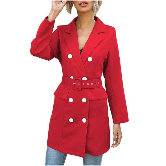 IROINNID Women's Overcoat Long Sleeve Solid Color Notch Lapel V-Neck Outwear, Comfy Spring and Autumn Lapel Buttoned Long Belted Blazer Coat