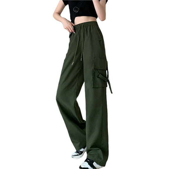 IROINNID Women's Pants Drawstring Waist Wide Leg Loose Fit Pants Trendy Versatile Solid Cargo Pants with Pockets,Olive Green
