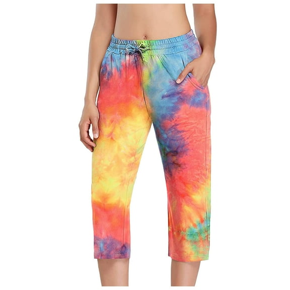 IROINNID Women's Pants Relaxed Tie Dye Stretch Yoga Fitness Running Gym Length Active Pants Capri
