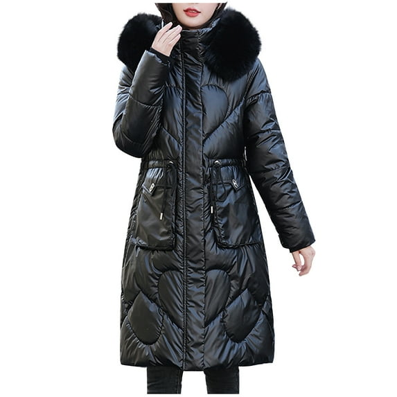 IROINNID Women's Parka Coat Long Sleeve Solid Color Hoodie Outwear, Casual Glossy Long Cotton-Padded Coat