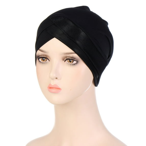 IROINNID Women's Patchwork India Muslim Ruffle Head Scarf Head-wear Wraps Turbans Beanie Cap Head-wraps,Black