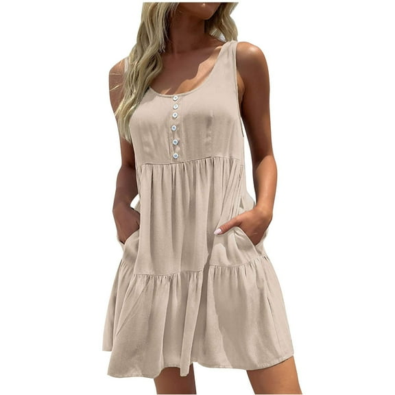 IROINNID Women's Peplum Dress Summer Sleeveless Casual Splicing Tank Dress Solid Color Comfort Waist Dress