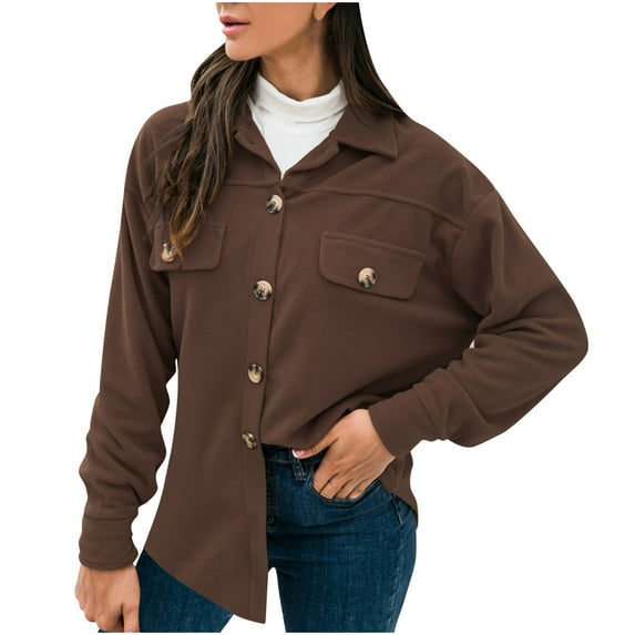IROINNID Women's Plush Jacket Long Sleeve Solid Color Turndown Lapel Outwear, Casual Ladies Lapel Cardigan Jacket Buttons Shirt Outerwear