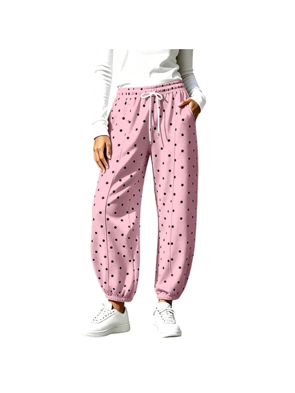 Women's Polka Dot Joggers with Pockets Drawstring Elastic Waist Loose Fit Cinched Cuffs for Work Travel Outdoor Home Casual Daily Wear Fall Winter
