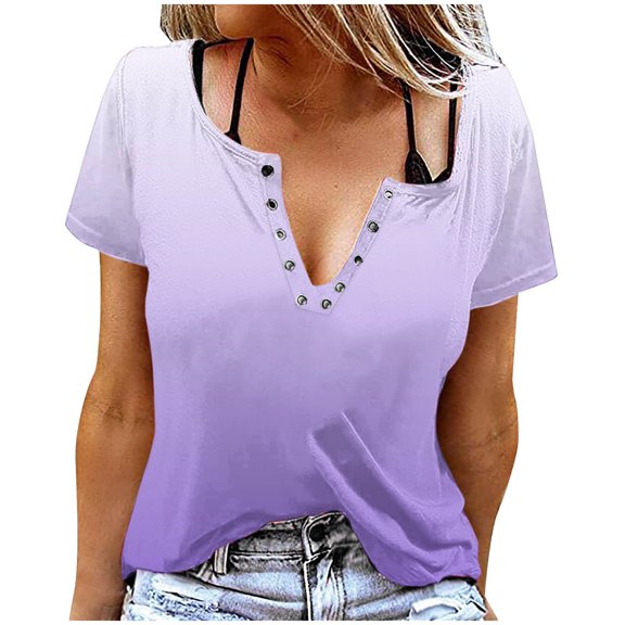 IROINNID Women's Printed Button Detail Round Neck Blouse Short Sleeve Casual Tops Summer Fashion Trendy Tees(Purple#3,)