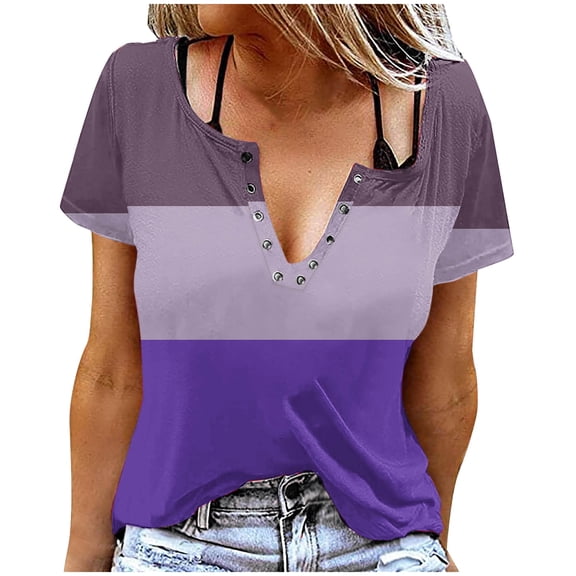 IROINNID Women's Printed Button Detail Round Neck Blouse Short Sleeve Casual Tops Summer Fashion Trendy Tees(Purple,)