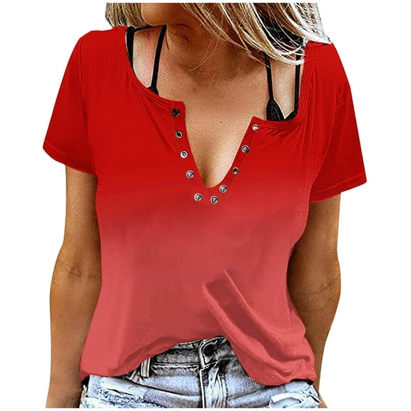 IROINNID Women's Printed Button Detail Round Neck Blouse Short Sleeve Casual Tops Summer Fashion Trendy Tees(Red#3,)