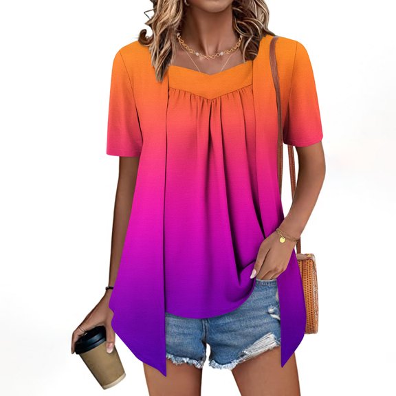 IROINNID Women's Printed Fake Two Piece Blouse Short Sleeve Round Neck Tops,Summer Fashion Casual Tops,Trendy Design(Hot Pink#9,)