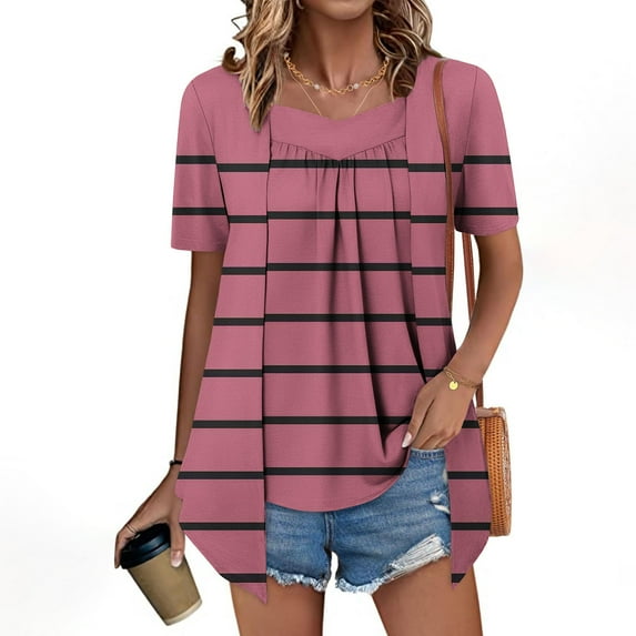 IROINNID Women's Printed Fake Two Piece Blouse Short Sleeve Round Neck Tops,Summer Fashion Casual Tops,Trendy Design(Pink#1,)