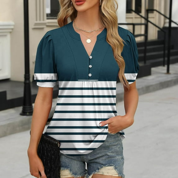 IROINNID Women's Printed V-Neck Short Sleeve Blouse Casual Summer Tops Vacation Clothes Loose Fits Boho Style Trendy (Navy#1,)