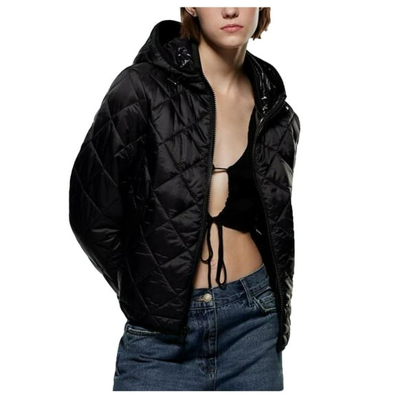 IROINNID Women's Puffer Coat Solid Color Long Sleeve Warm Top Socket Winter Shirt Comfortable Cotton Sleeve Coat, Black