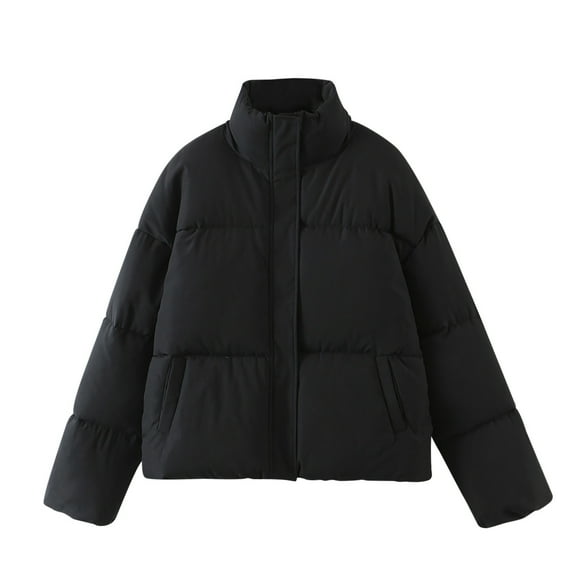 IROINNID Women's Puffer Coat Stand Collar Solid Color Long Sleeve Warm Top Socket Winter Shirt Comfortable Jackt, Black