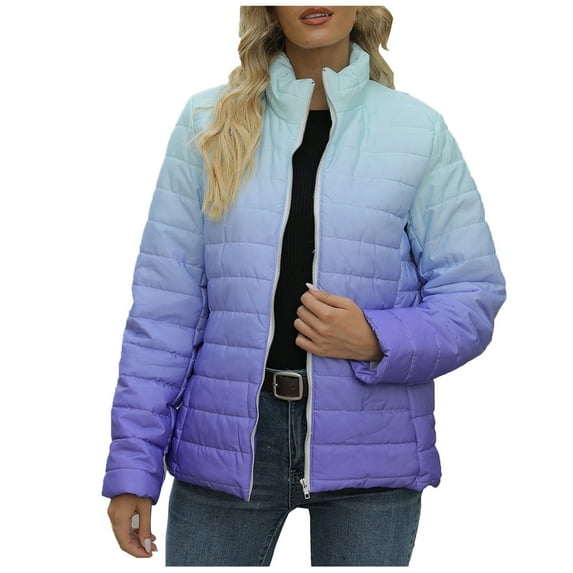 IROINNID Women's Puffer Jacket Long Sleeve Gradient Stand Collar Outwear, Loose Gradient Cotton-Padded Jacket Short Jacket Blouse