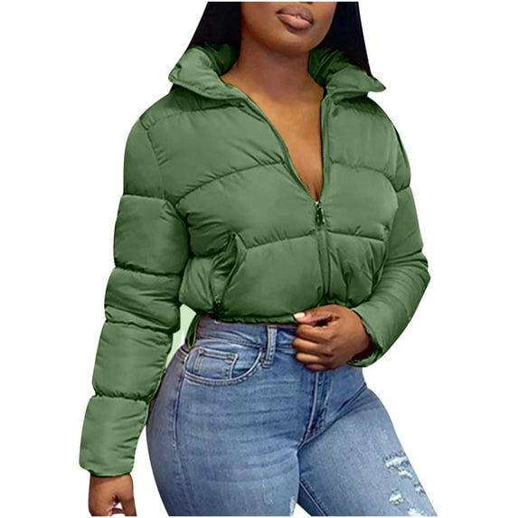 IROINNID Women's Puffer Jacket Long Sleeve Solid Color Turndown Lapel Outwear, Comfy Ladies Short Stand Collar Warm Bread Down Jacket