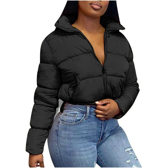 IROINNID Women's Puffer Jacket Long Sleeve Solid Color Turndown Lapel Outwear, Comfy Ladies Short Stand Collar Warm Bread Down Jacket