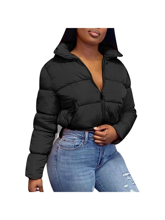 Women's Puffer Jacket Long Sleeve Solid Color Turndown Lapel Outwear, Comfy Ladies Short Stand Collar Warm Bread Down Jacket