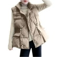 thumbnail image 1 of IROINNID Women's Puffer Vest Solid Color Sleeveless Warm Pocket Vest Coat Short Jacket Winter Stand-up Button Outerwear, Khaki, 1 of 3