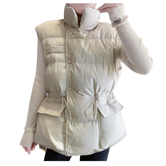 IROINNID Women's Puffer Vest Solid Color Sleeveless Warm Pocket Vest Coat Short Jacket Winter Stand-up Button Outerwear, White