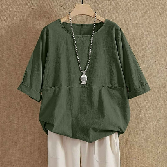 IROINNID Women's Round Neck Half Sleeve Loose T-Shirt Summer Cotton Linen Tunic Blouse Casual Solid Color Beach Tops(Army Green,S)
