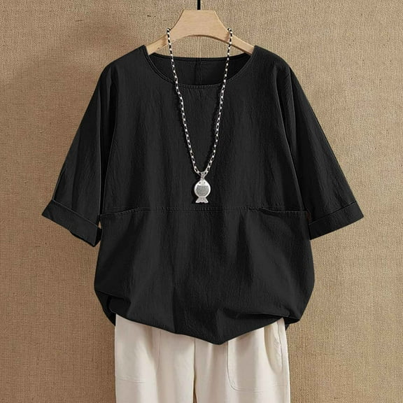 IROINNID Women's Round Neck Half Sleeve Loose T-Shirt Summer Cotton Linen Tunic Blouse Casual Solid Color Beach Tops(Black,L)