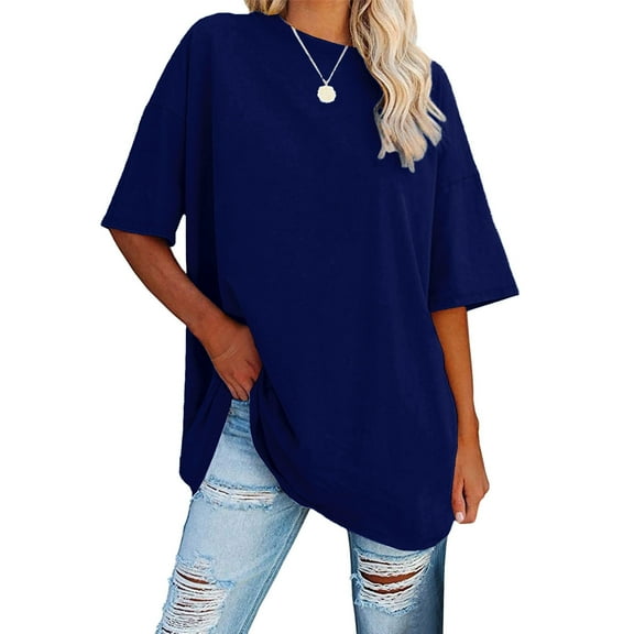 IROINNID Women's Round Neck Half Sleeve Loose Tops Solid Color Cotton Waist Short Sleeve Blouse,Summer Casual Tees,Fashion Basic Soft(Dark Blue#1,)