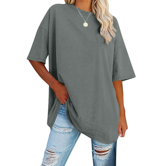 IROINNID Women's Round Neck Half Sleeve Loose Tops Solid Color Cotton Waist Short Sleeve Blouse,Summer Casual Tees,Fashion Basic Soft(Gray,)