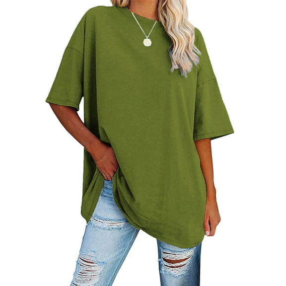 IROINNID Women's Round Neck Half Sleeve Loose Tops Solid Color Cotton Waist Short Sleeve Blouse,Summer Casual Tees,Fashion Basic Soft(Green#1,)