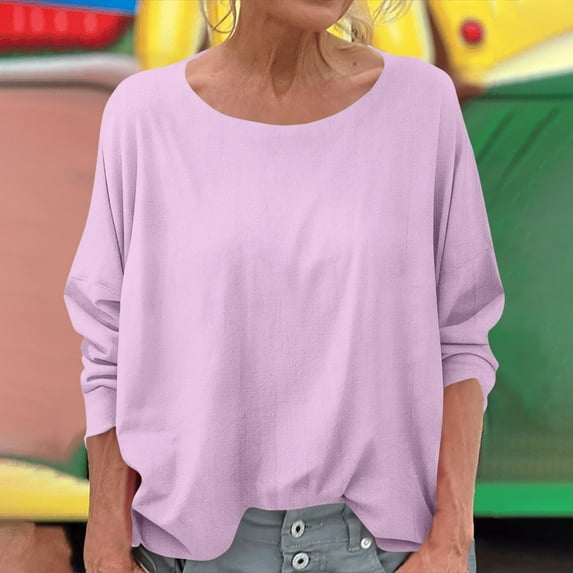 IROINNID Women's Round Neck Long Sleeve T-Shirt Solid Color Fashion Tops Comfortable Loose Fits Work to Weekend Wear(Purple,)
