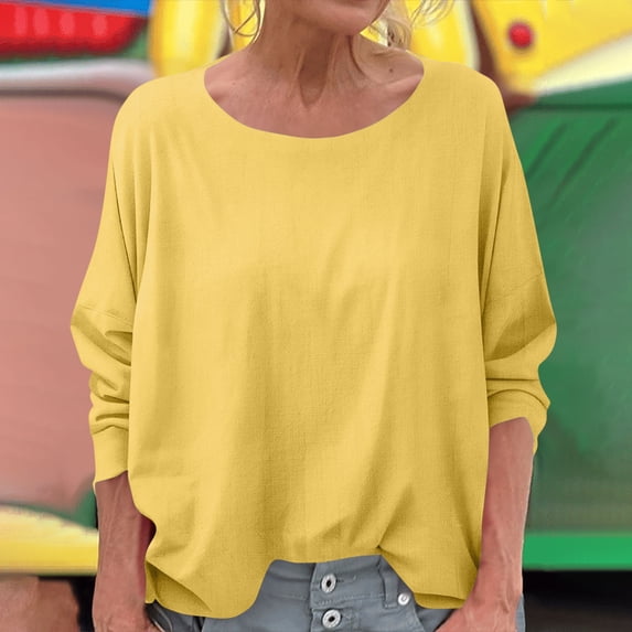 IROINNID Women's Round Neck Long Sleeve T-Shirt Solid Color Fashion Tops Comfortable Loose Fits Work to Weekend Wear(Yellow,)